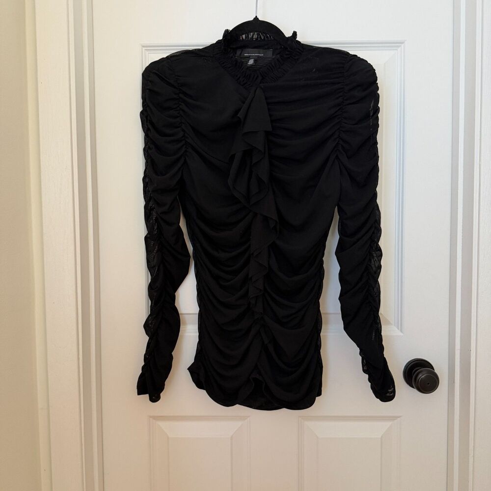White House Black Market Mesh Hook Up Ruffle Long Sleeve Sheer Blouse Medium